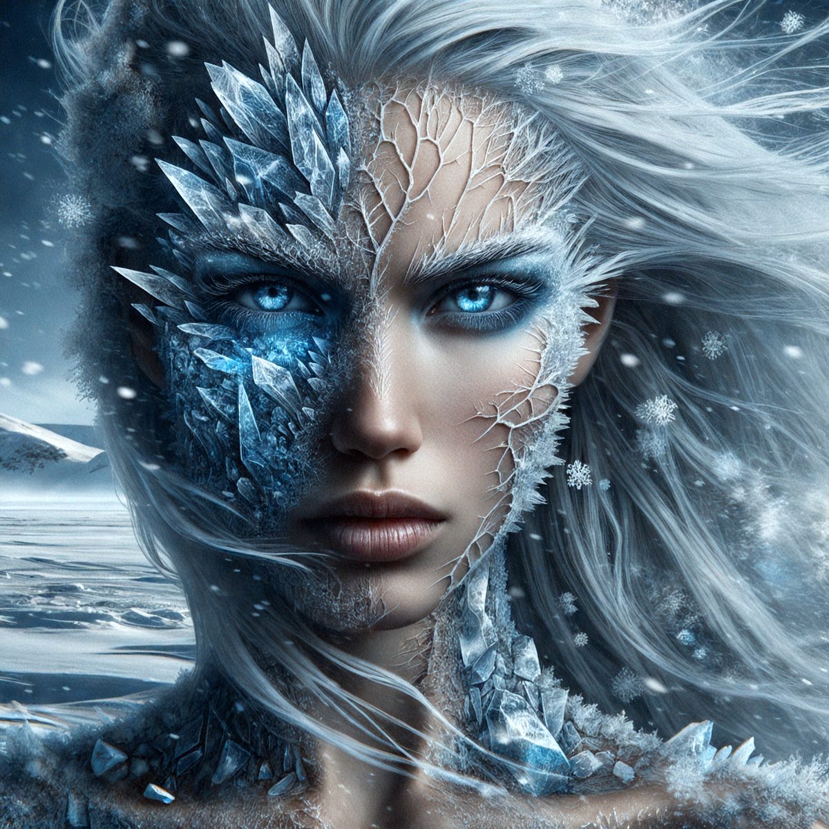 The primary subject of the image is a woman with a mix of human and ice-like features. She has blue eyes and a blue-tinged face, giving her a unique and striking appearance. The setting is a snowy environment, with a mountain visible in the background. The visual style is a digital art or illustration, creating a surreal and fantastical atmosphere. The colors and mood of the image are predominantly blue, with a touch of white, which adds to the cold and icy theme of the scene.